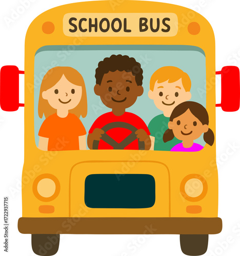 little kids boy and girl ride school bus and go to school