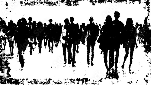 Crowd of people in silhouette form walking. Black and white vector illustration set with modern design elements.