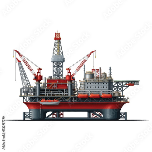 Vector illustration of a semi-submersible offshore oil rig for deep sea drilling, isolated on a white background