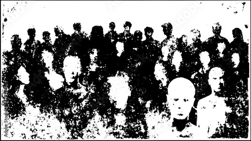 A group of human faces in silhouette. Black and white vector illustration showcasing diverse figures in a monochrome design set.