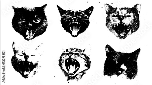 Set of cat illustrations showing various expressions in a bold black and white style. This vector illustration highlights unique feline visuals.