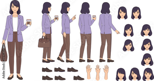 Female character design sheet with multiple poses, expressions, outfits, accessories, front side back views for animation and illustration projects