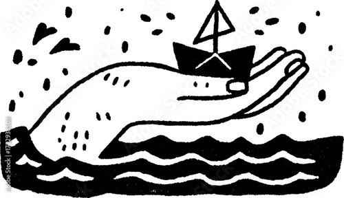 Hand holding a paper boat on water. Simple black and white vector illustration with a whimsical design.