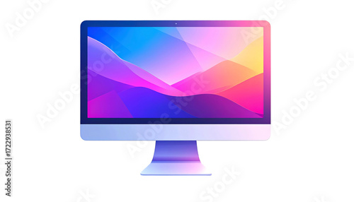 Sleek, modern all-in-one desktop computer displaying an abstract, colorful landscape wallpaper; showcasing vibrant hues of pink, blue, and yellow