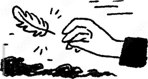 Hand holding a feather in a sketch style. Black and white line art vector illustration with a simple design.