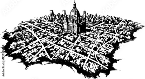 City skyline illustration with detailed buildings. Black and white vector design showing urban architecture and grid layout in a top view.