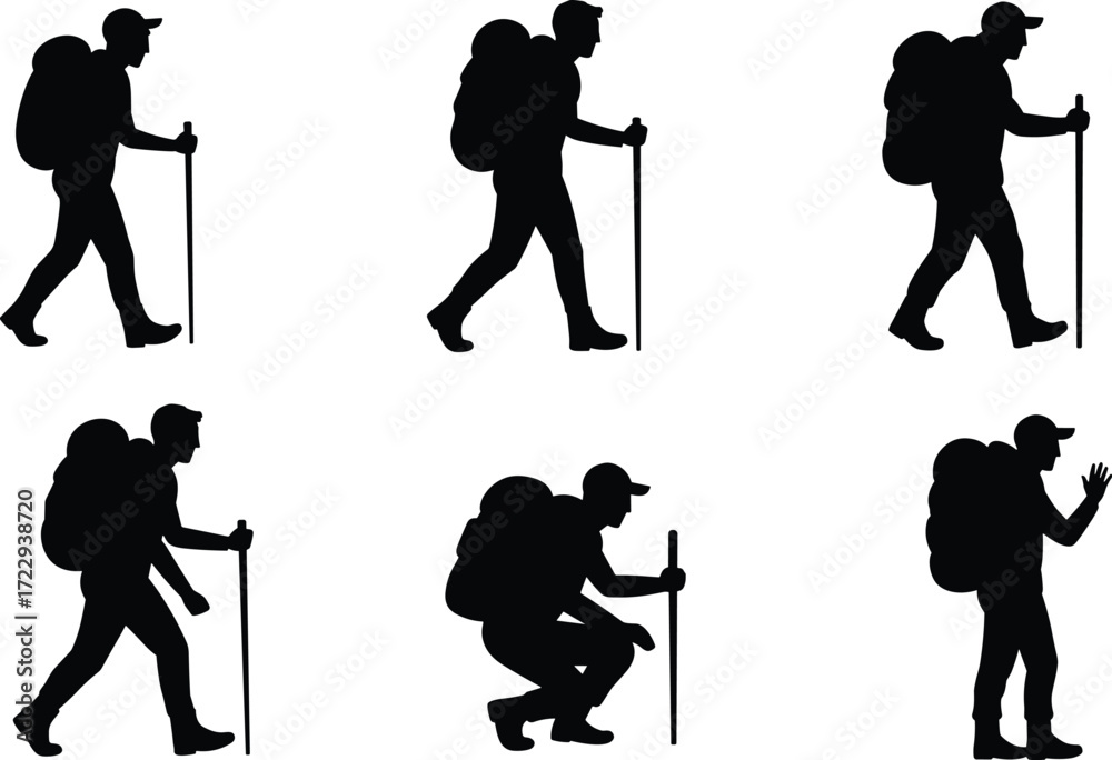 Obraz premium Hiker silhouettes with backpacks and walking sticks, trekking poses, outdoor adventure, mountain exploration, camping journey, travel activity, vector illustration, nature