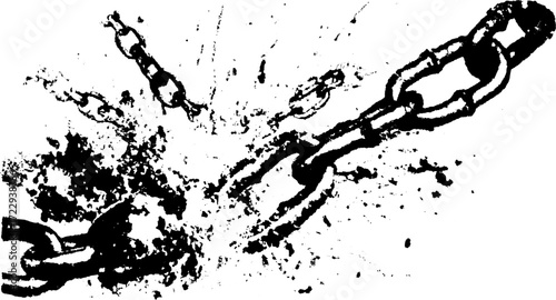 Broken chain with visible damage and splash effect. Black and white vector illustration depicting the concept of separation and strength.