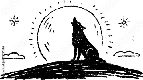 Silhouette of a howling wolf against a moonlit sky. Black vector illustration captures the essence of nature and wilderness.