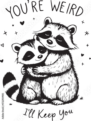 Two hugging raccoons with “YOU’RE WEIRD / I’ll Keep You” quote in black and white vector with hearts and stars in playful style
