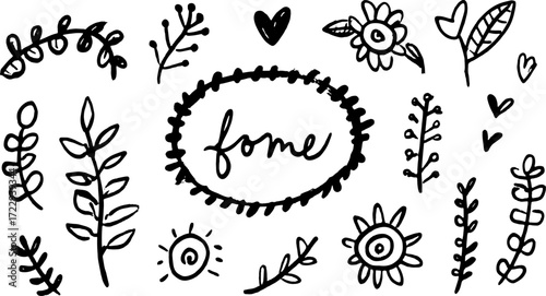 Flower and leaf doodles in black and white. Simple vector set of design elements for various decorative uses.