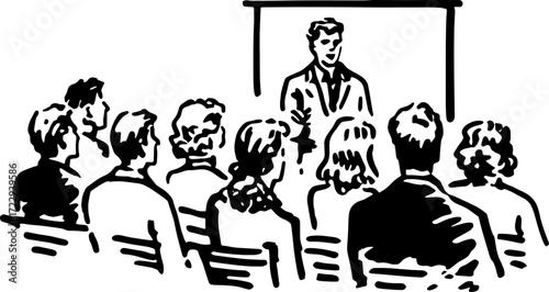 Speaker presenting to an audience in a professional setting. Simple vector illustration representing a meeting and information sharing.