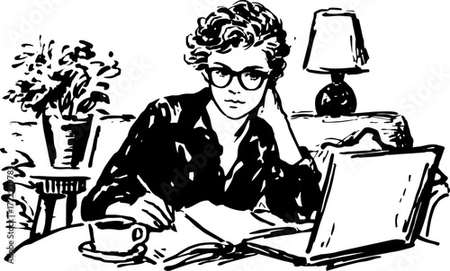 A woman working at a desk with a laptop. Cozy indoor workspace set in a simple vector illustration, featuring a cup and a plant.