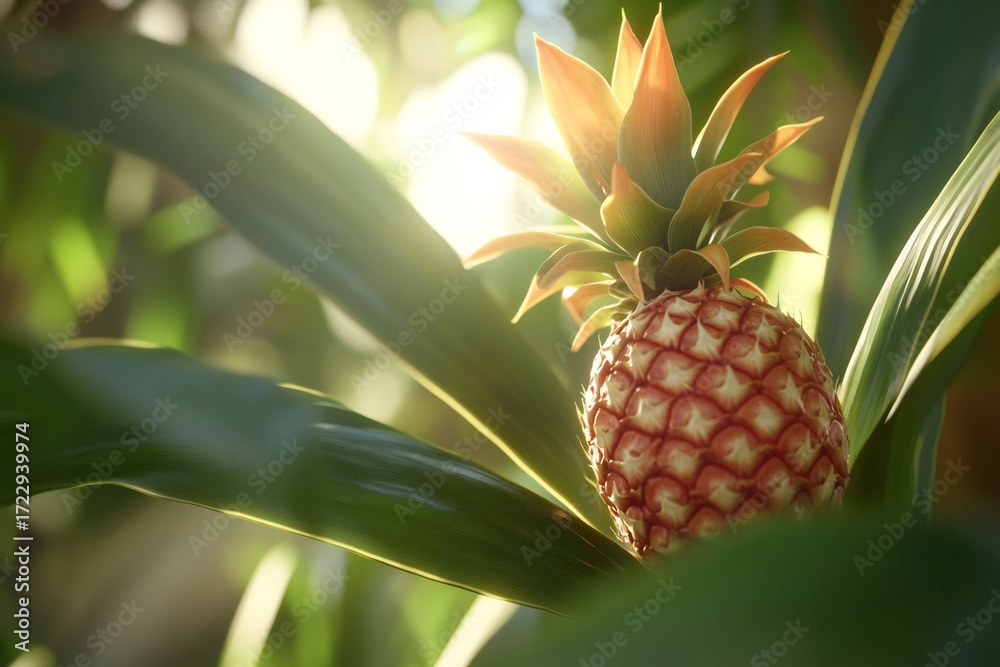 Fototapeta premium Close up of a single ripe pineapple surrounded by green leaves in tropical sunlight, symbolizing freshness and natural growth
