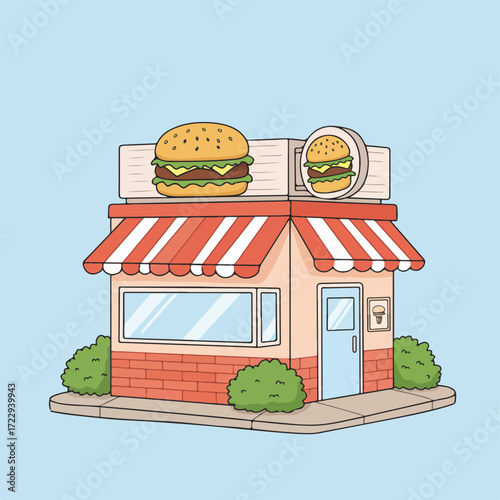 A charming cartoon illustration of a small, inviting burger shop with a large hamburger sign and a smaller sign displaying a burger, set against a clear blue sky.