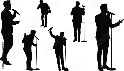 Silhouette male singer performing with microphone, expressive stage poses, concert entertainment vector illustration of live music performance and artistic presentation