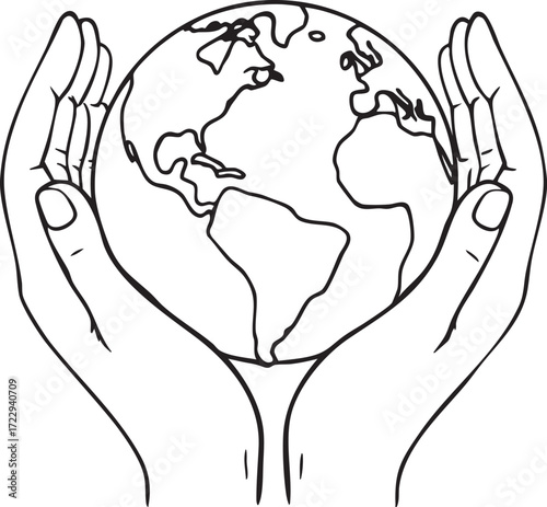 Black and white vector of hands holding Earth with outlined continents, symbolizing global care, unity, and environmental stewardship