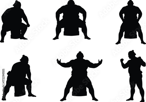 Silhouette sumo wrestlers performing traditional Japanese sport, seated and standing poses, vector illustration of cultural martial arts performance and strength