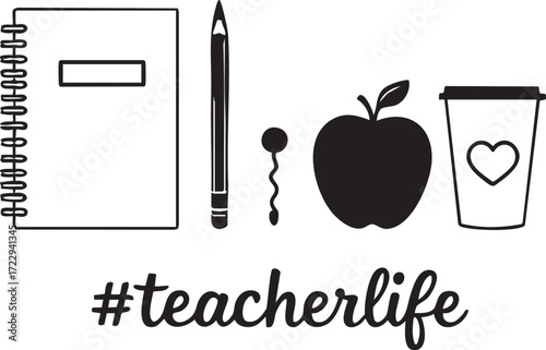 “#teacherlife” black and white vector with notebook, pencil, hairpin, apple, and coffee cup in minimalist line art style