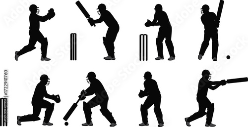 Cricket player silhouettes batting, wicket keeping, fielding, stumps, ball action, sports competition, teamwork, athletic movement, vector illustration, outdoor game, success