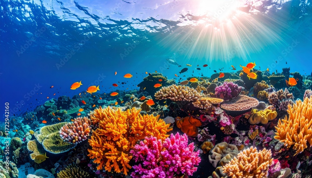 Fototapeta premium Vibrant tropical fish swim among the colorful coral reefs of the Red Sea