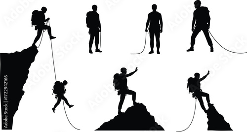 Silhouette mountain climbers with ropes, hiking gear, rappelling, ascending, adventure sports, outdoor exploration, teamwork, success, extreme challenge, vector illustration