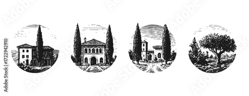 Spanish villa with cypress trees - set of four vector sketches