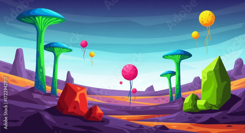 Alien Planet Landscape with Fantasy Flora and Floating Orbs.