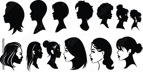 Diverse woman silhouette profiles collection, elegant hairstyle designs, perfect for beauty salon branding and modern fashion illustrations, vector graphics