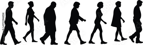 Diverse group of people walking together, representing community, teamwork, and unity in a modern, minimalist style, originally a scalable vector graphic