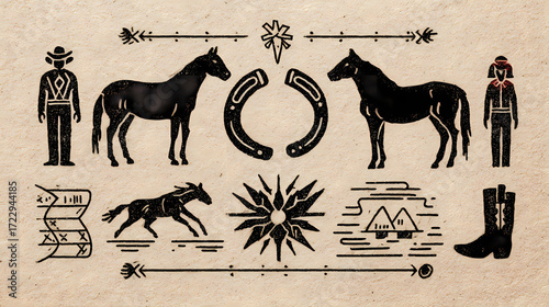 A Southwestern American Western Coat of Arms Emblem Featuring a Horse Skull and Cactus with a Bold Color Palette and Tribal Patterns for Heritage Design