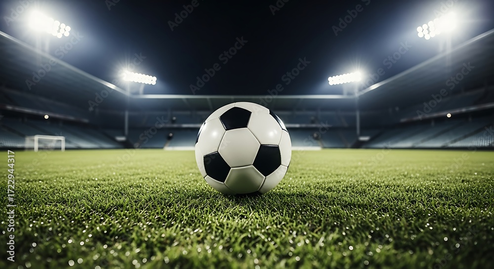 Obraz premium Soccer ball on a green field in a stadium at night