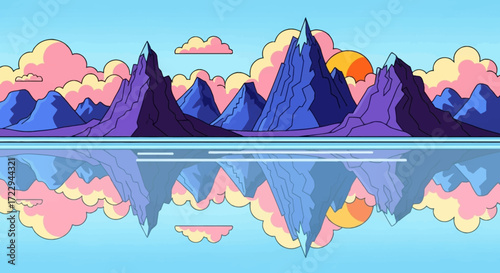 Cartoon mountains reflected in water at sunset with colorful clouds.