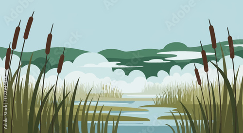 Cattails and Reeds Growing in a Wetland Environment.