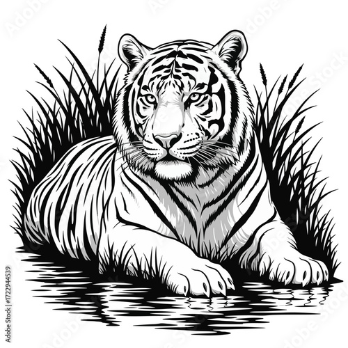 Tiger lying on the grass. Black and white vector illustration.
