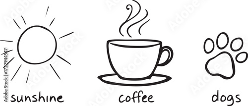 Minimalist black and white vector of sunshine, coffee cup, and dog paw print with lowercase labels in cozy lifestyle design