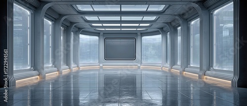 Futuristic empty corridor with metallic walls and reflective floor, illuminated by overhead panel lights.