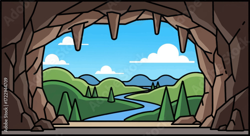 Cave entrance with view of a river and mountains.