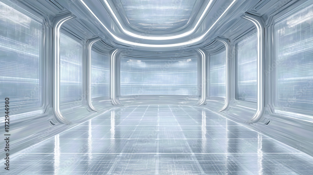 Obraz premium Futuristic empty room with metallic walls and reflective tiled floor, showcasing sleek, modern architectural design.