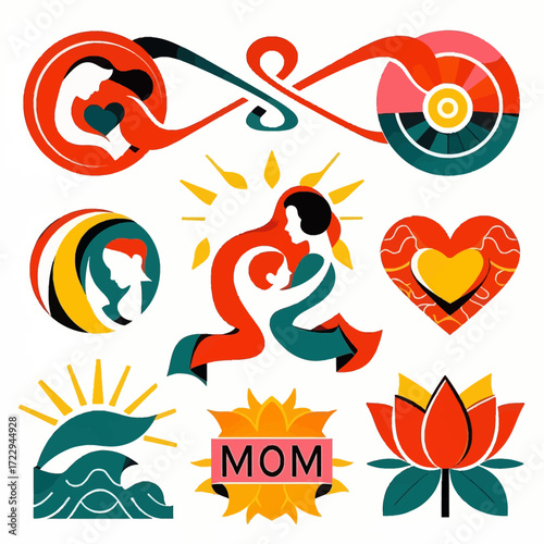 Stylized graphic collection with vibrant illustrations depicting maternal love, mother and child figures, hearts, suns, and natural elements like waves and lotus flowers.