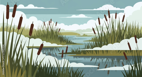 Cattails and Reeds in a Winter Wetland Landscape.