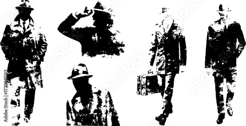 Detective silhouettes in formal style. Black and white vector illustration featuring a unique set of designs.