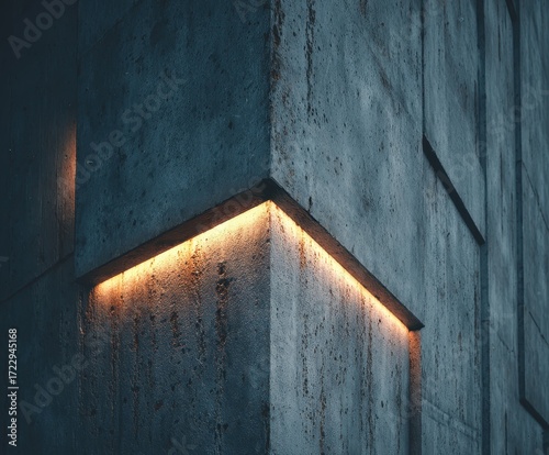 Cornerstone of Light: Capturing a dramatic architectural perspective, the image highlights a textured concrete wall with an illuminated linear accent. The contrast of rough and smooth.