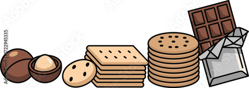 Assortment of sweet treats including cookies, crackers, nuts, and a chocolate bar.