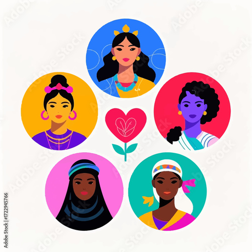 Colorful circular portraits of diverse women, showcasing cultural attire and a central flower motif.