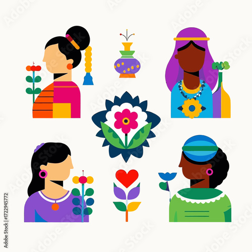 Colorful illustration featuring four diverse women smelling flowers, surrounded by stylized floral and heart elements in a flat design.