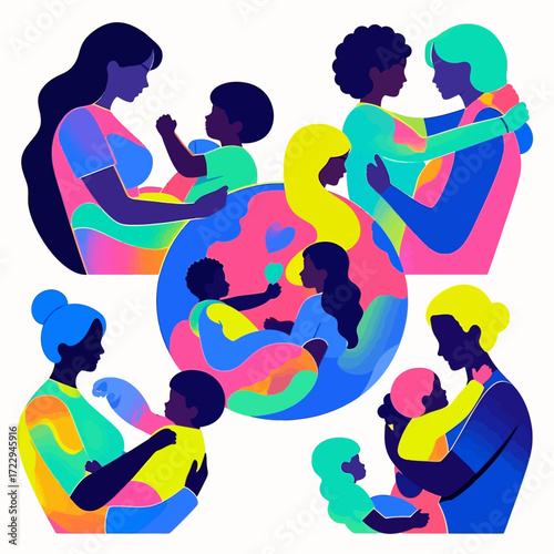 Illustration depicting diverse mothers holding and embracing their babies, surrounded by a colorful globe representing global motherhood and connection.