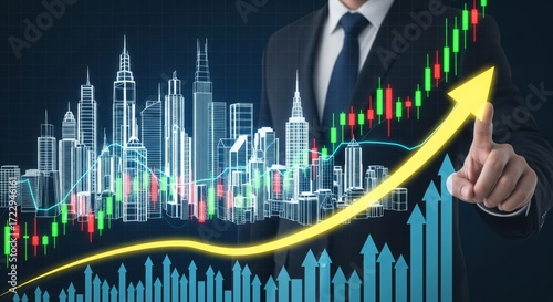 Real Estate Investment Growth with Skyscraper Icons and Stock Market Chart Overlay