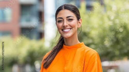 A vibrant portrait of a smiling woman with long brown hair, glowing skin,