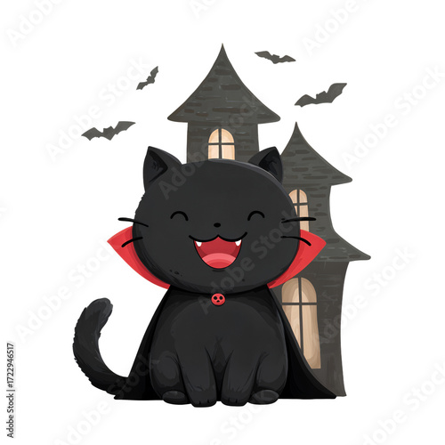 Black cat dressed as a vampire in front of a spooky castle at night